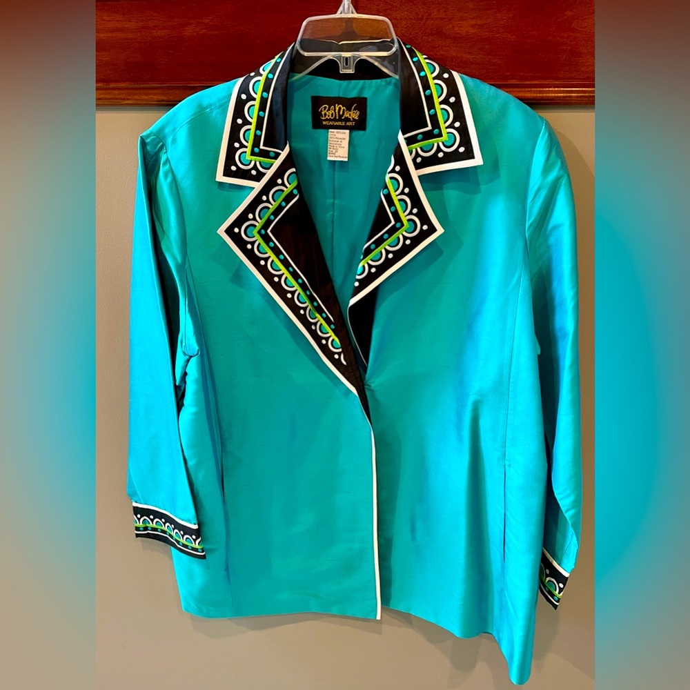 Vintage Wearable Art by Bob Mackie 100% Silk Peacock Blue Jacket Size 2x